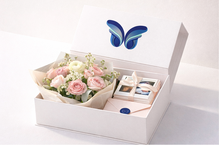 Four views of a floral arrangement in a decorative box with a butterfly logo.