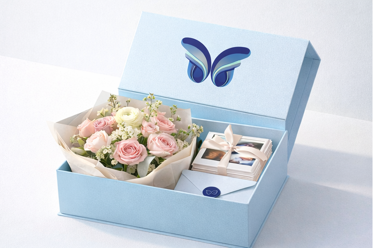 Four views of a floral arrangement in a decorative box with a butterfly logo.