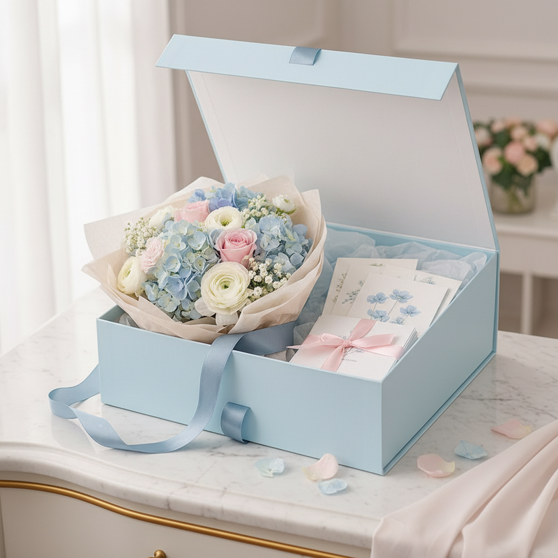 Light blue flower box in elegant setting
