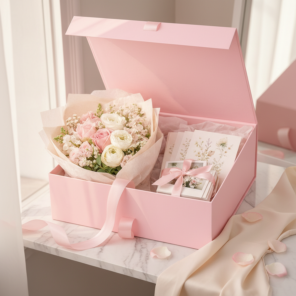 Pink Flower Box - Gift in elegant setting